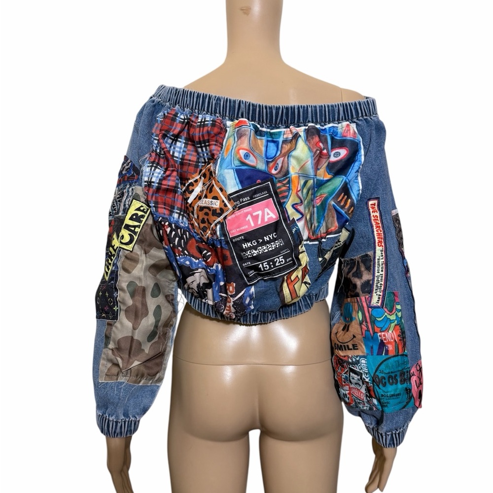 AKIRA Denim Patchwork Crop Top - Blue, Black, White - Picture 5 of 8